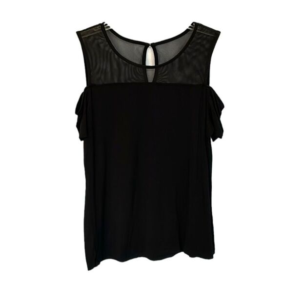 Tahari | Women’s Keyhole Black Button Semi Sheer Cold Shoulder Blouse Shirt - Picture 2 of 13